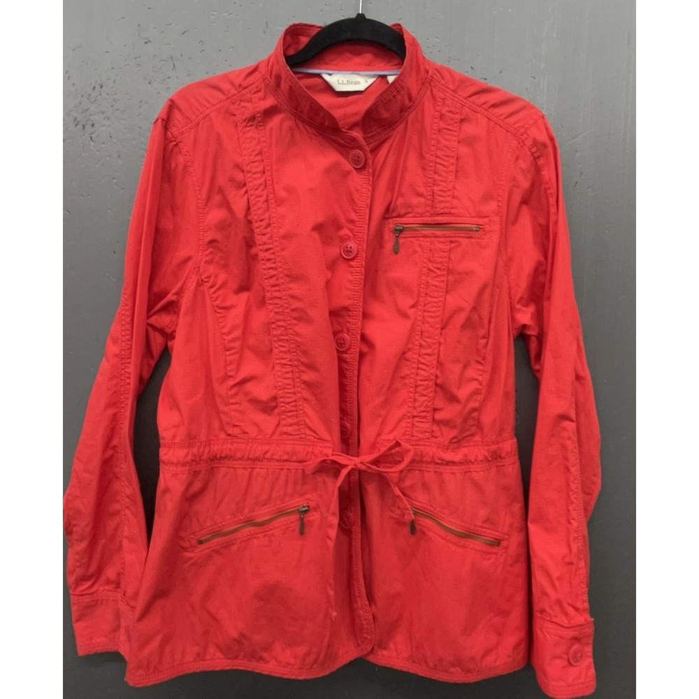 LL Bean Jacket Women M Red Canvas Ripstop Cargo Utility Pockets Lightweight Hike